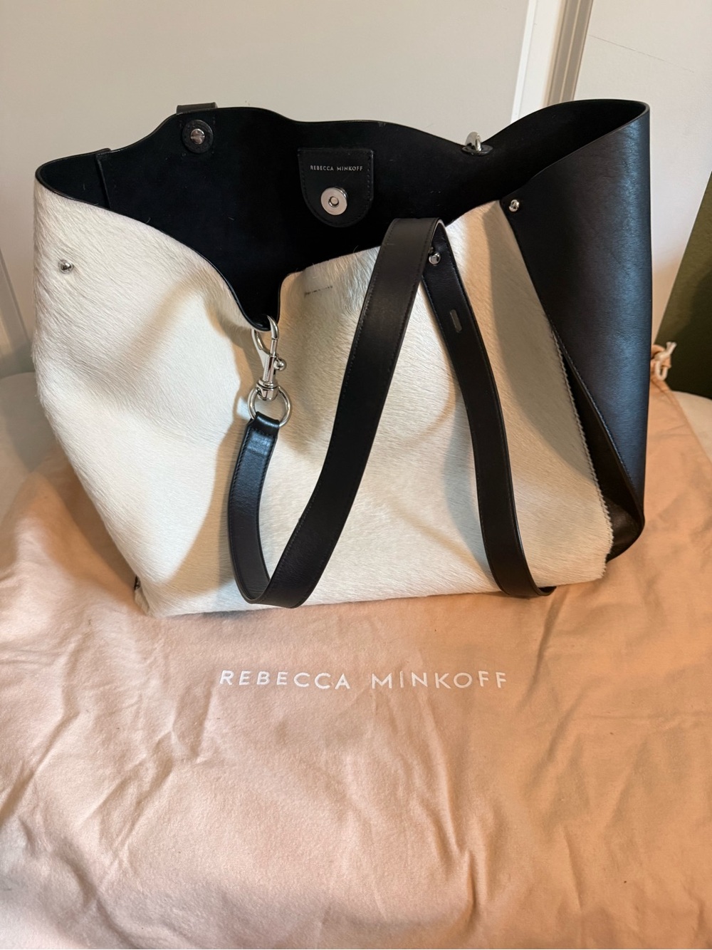 Rebecca Minkoff White and Black Haircalf Tote with Leather Trim